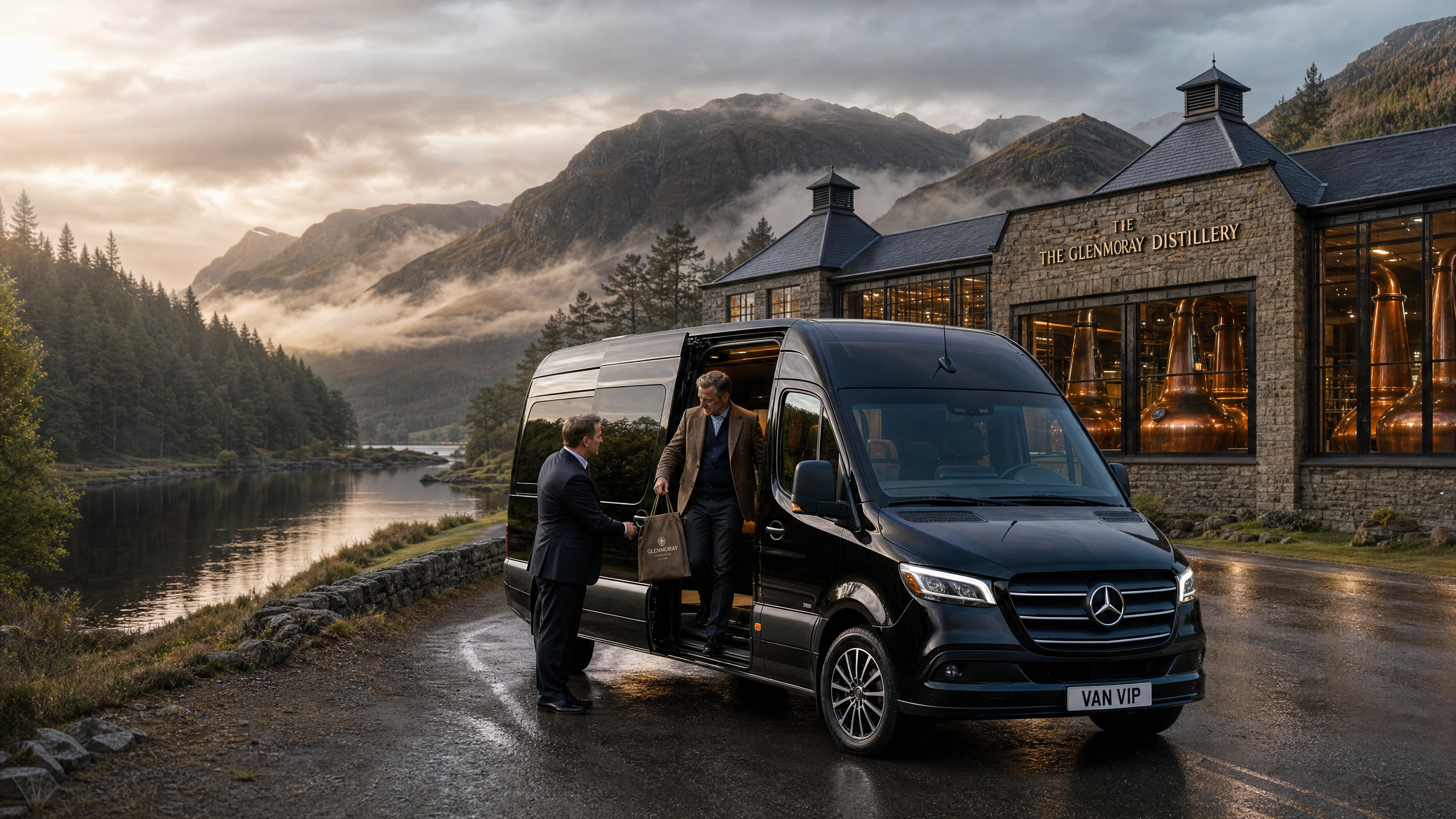 Mercedes Sprinter at Highland distillery with copper pot stills