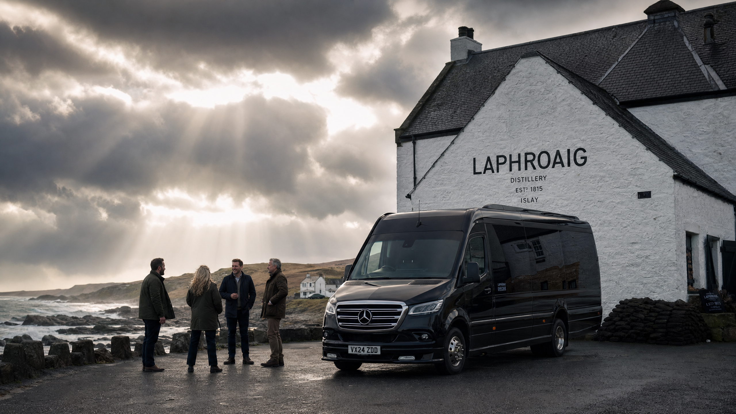 Luxury van at Laphroaig distillery on Islay coastline