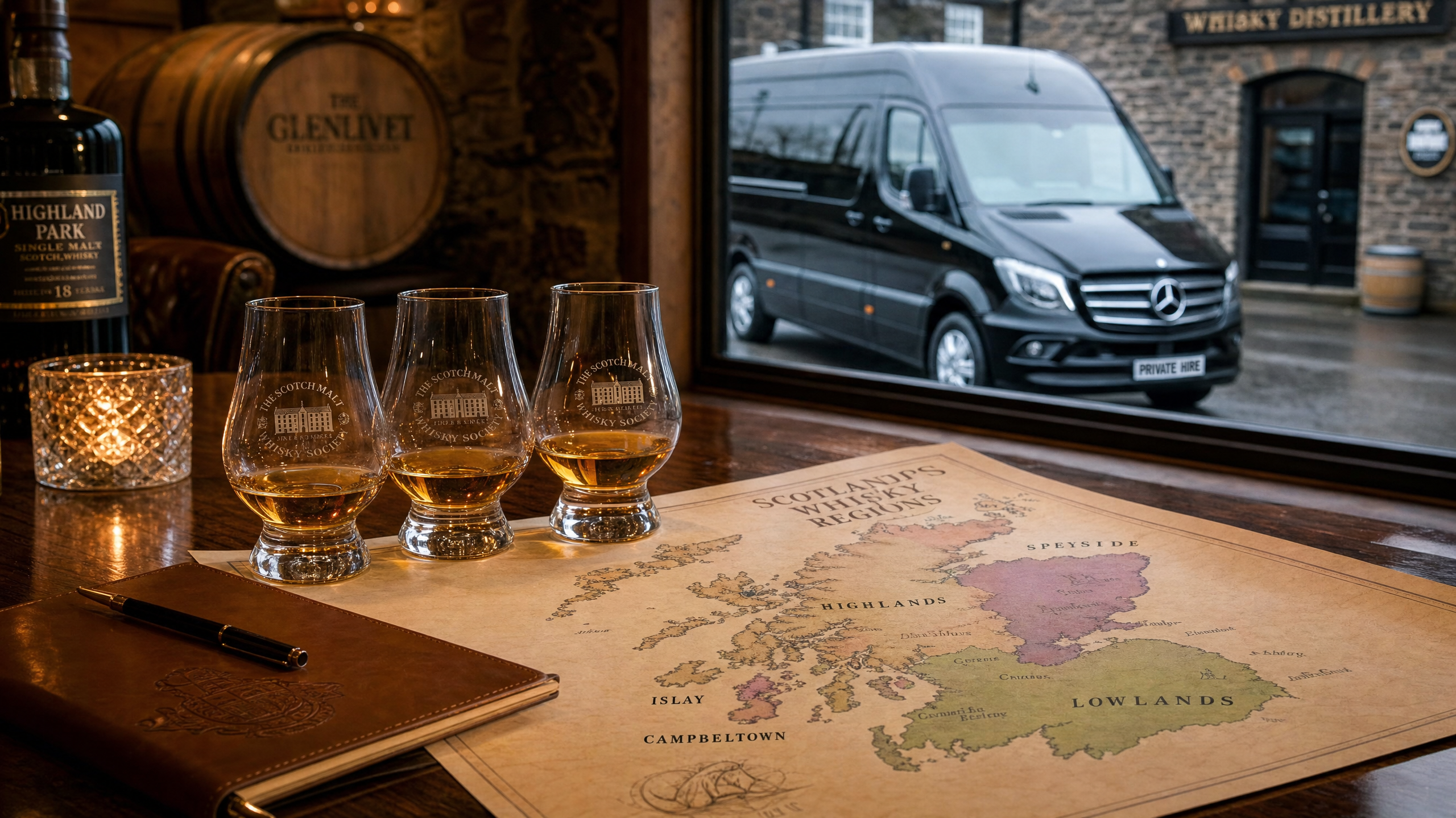 Whisky tasting room with Glencairn glasses and Scotland regions map